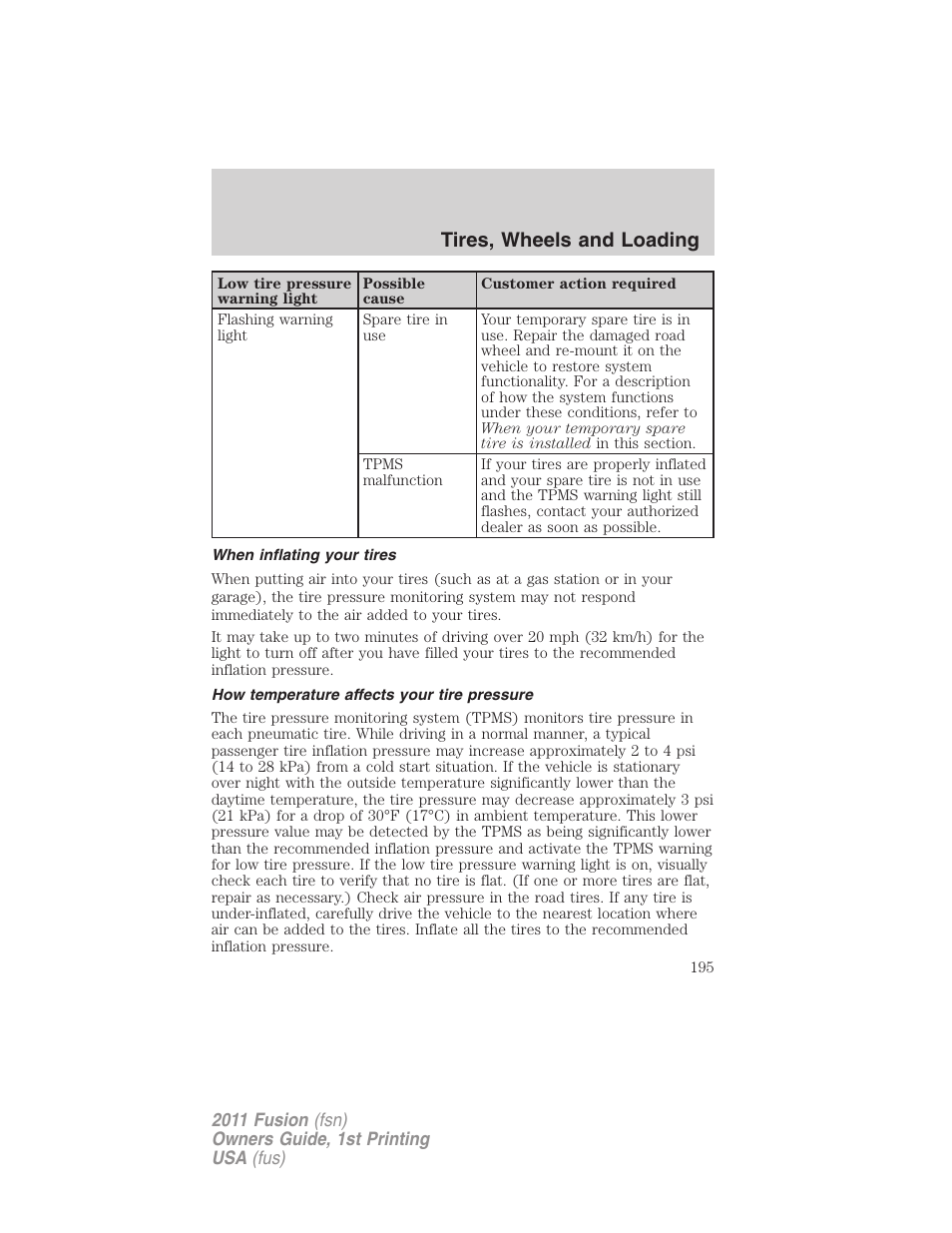 When inflating your tires, How temperature affects your tire pressure, Tires, wheels and loading | FORD 2011 Fusion v.1 User Manual | Page 195 / 369