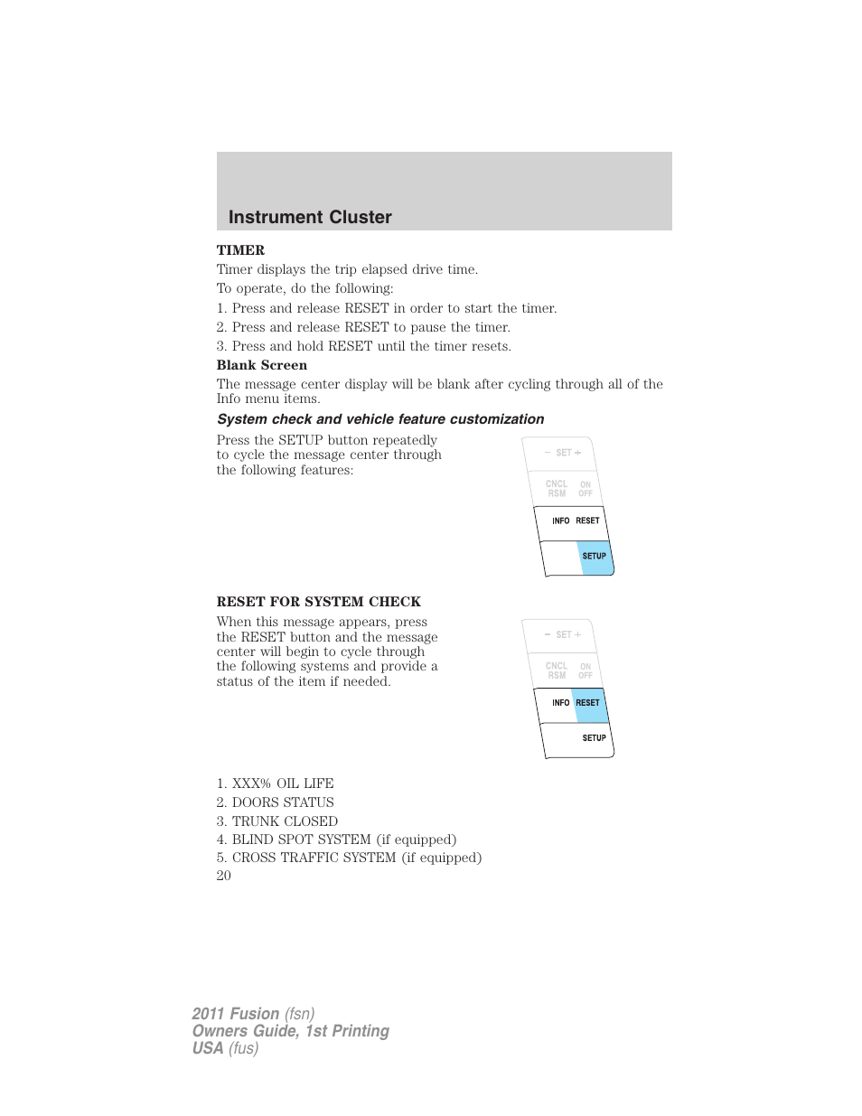 System check and vehicle feature customization, Instrument cluster | FORD 2011 Fusion v.1 User Manual | Page 20 / 369