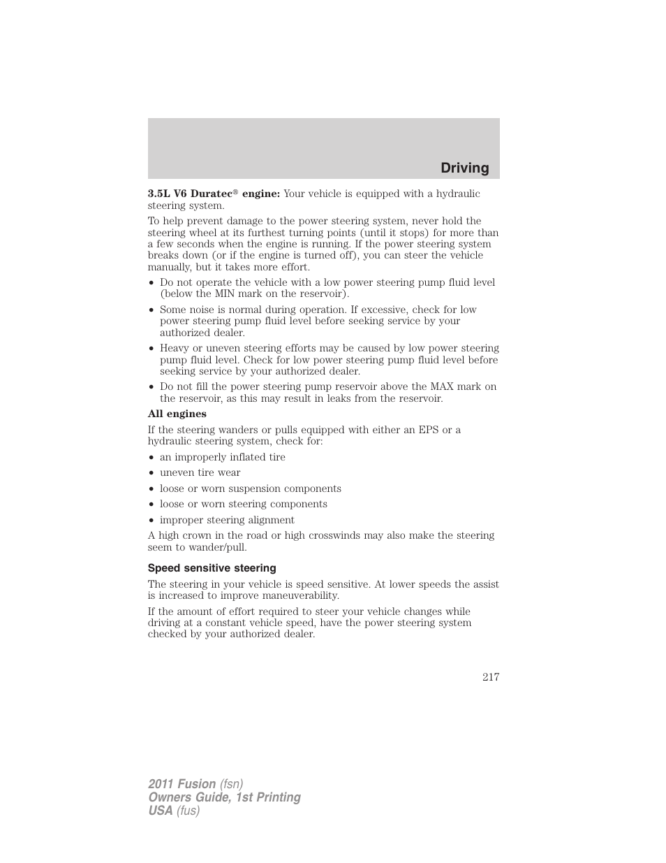 Speed sensitive steering, Driving | FORD 2011 Fusion v.1 User Manual | Page 217 / 369