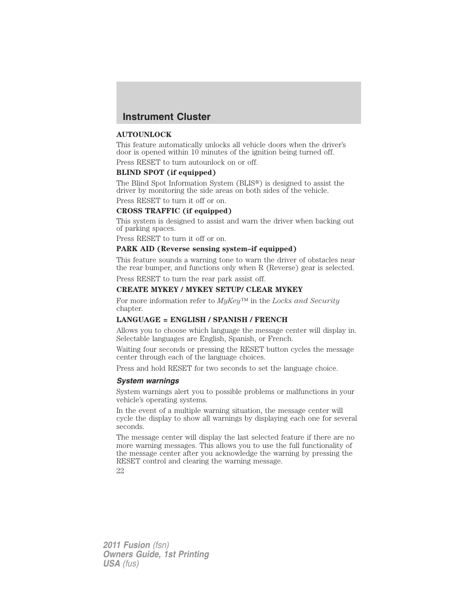 System warnings, Instrument cluster | FORD 2011 Fusion v.1 User Manual | Page 22 / 369