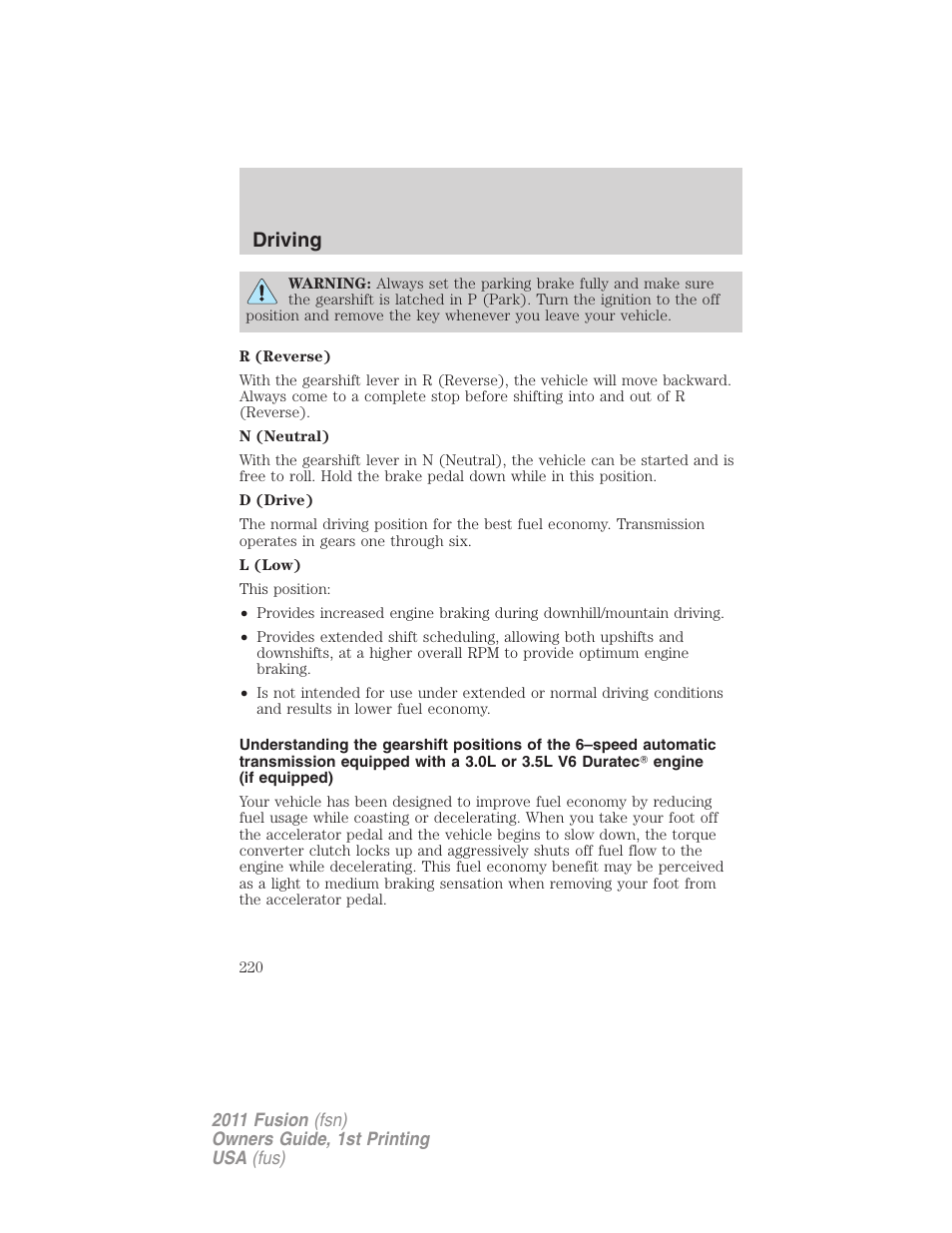 Driving | FORD 2011 Fusion v.1 User Manual | Page 220 / 369
