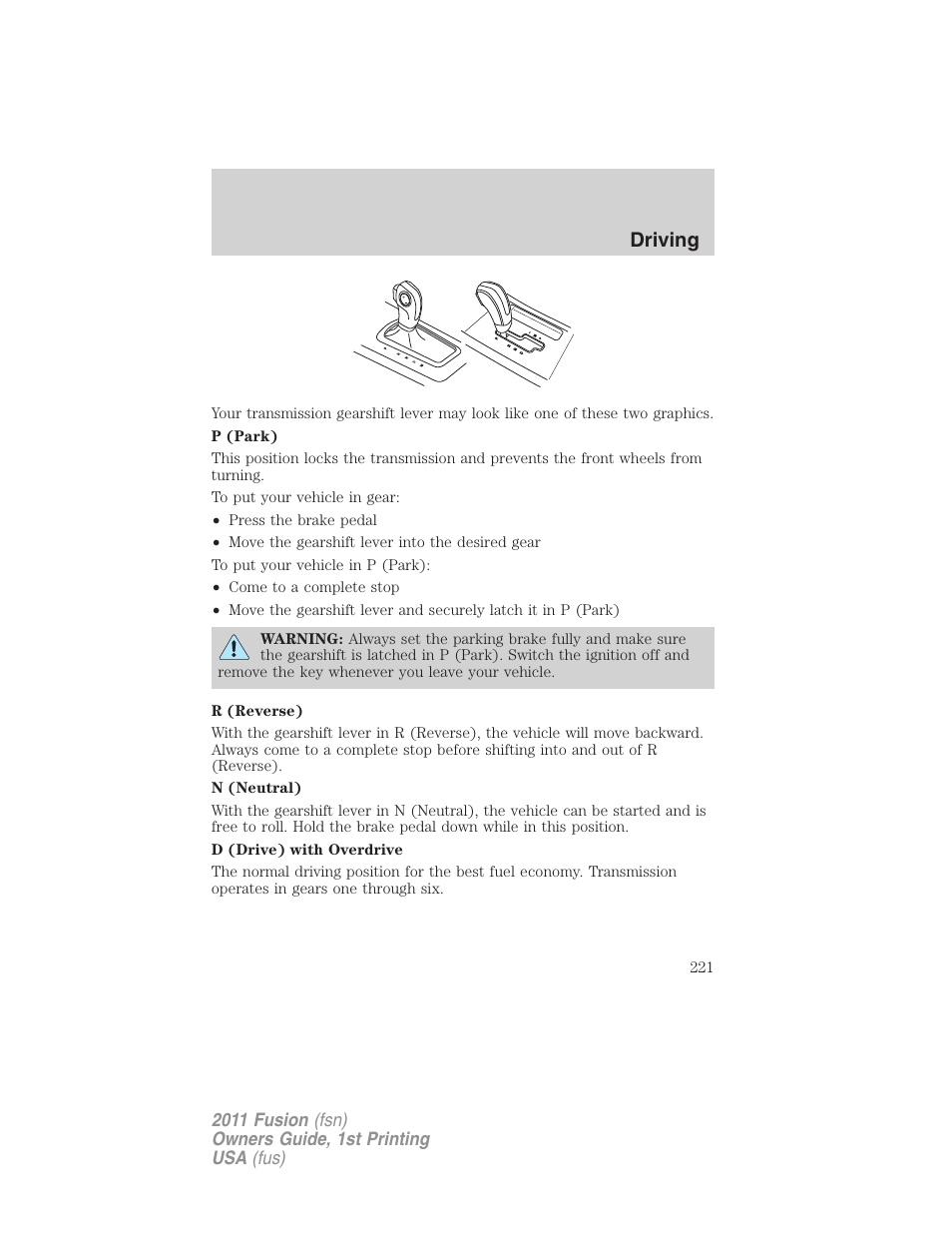 Driving | FORD 2011 Fusion v.1 User Manual | Page 221 / 369