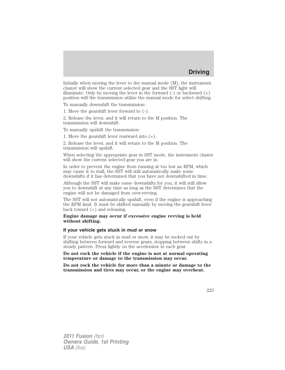 If your vehicle gets stuck in mud or snow, Driving | FORD 2011 Fusion v.1 User Manual | Page 223 / 369