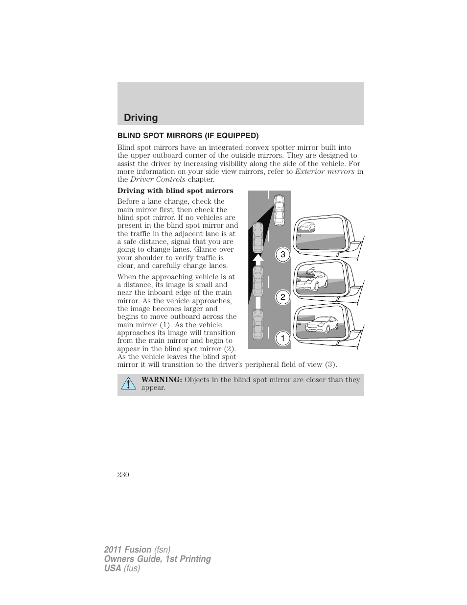 Blind spot mirrors (if equipped), Driving | FORD 2011 Fusion v.1 User Manual | Page 230 / 369