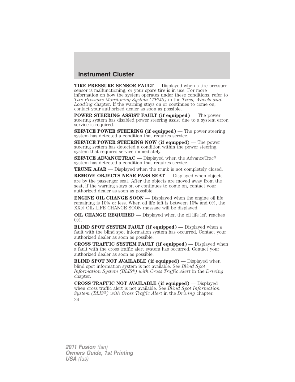 Instrument cluster | FORD 2011 Fusion v.1 User Manual | Page 24 / 369