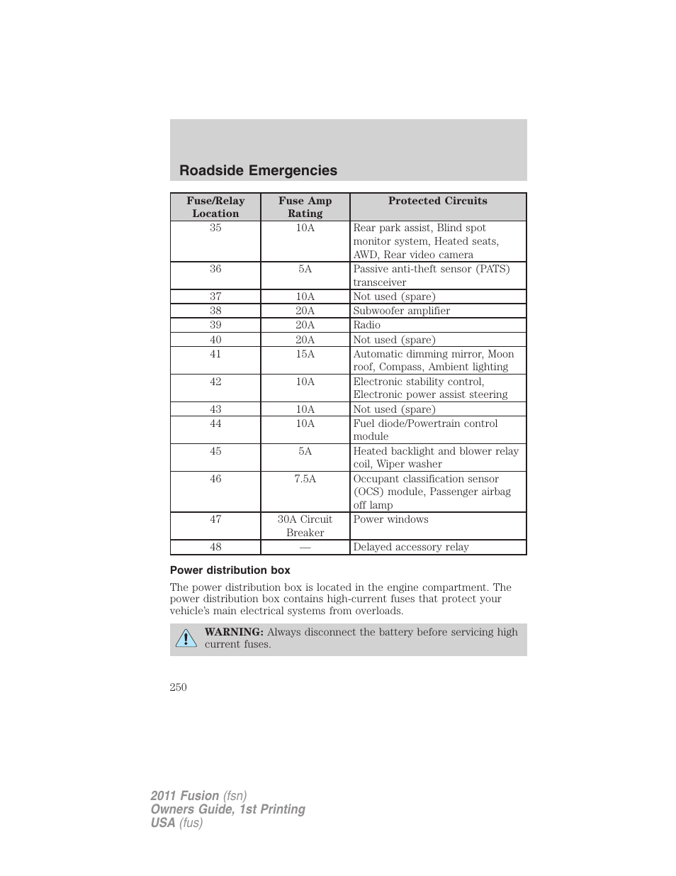 Power distribution box, Roadside emergencies | FORD 2011 Fusion v.1 User Manual | Page 250 / 369