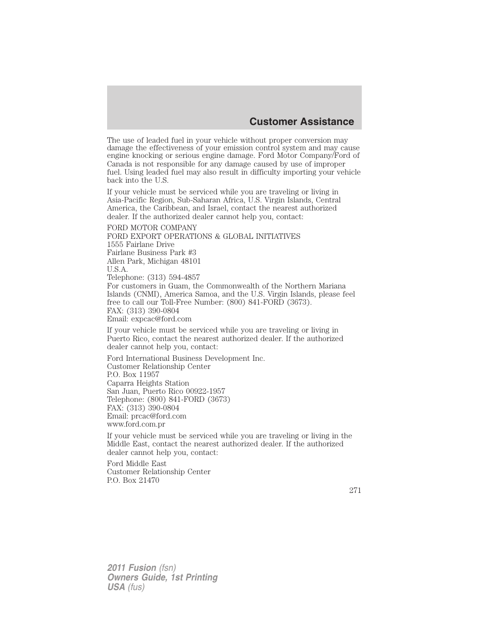 Customer assistance | FORD 2011 Fusion v.1 User Manual | Page 271 / 369
