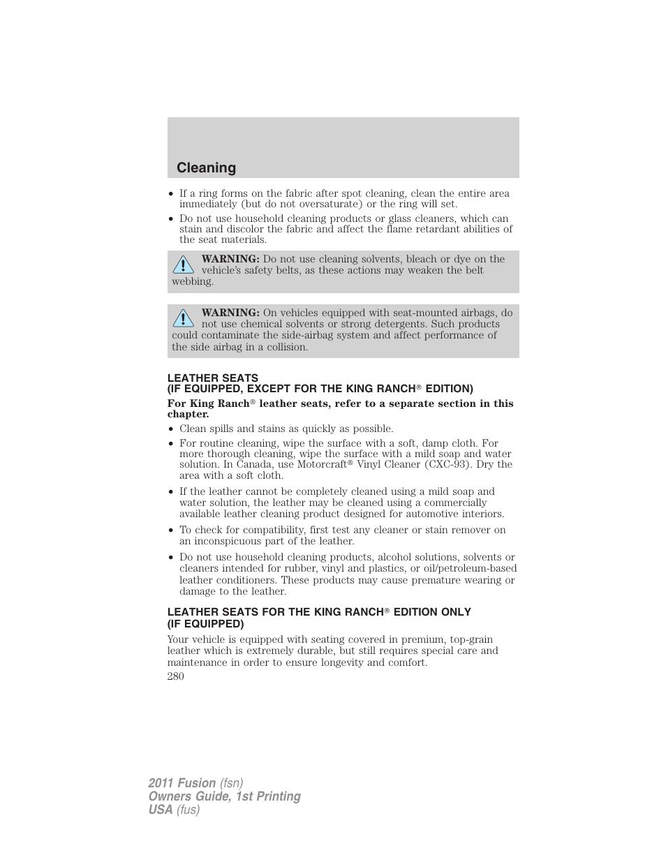 Cleaning | FORD 2011 Fusion v.1 User Manual | Page 280 / 369