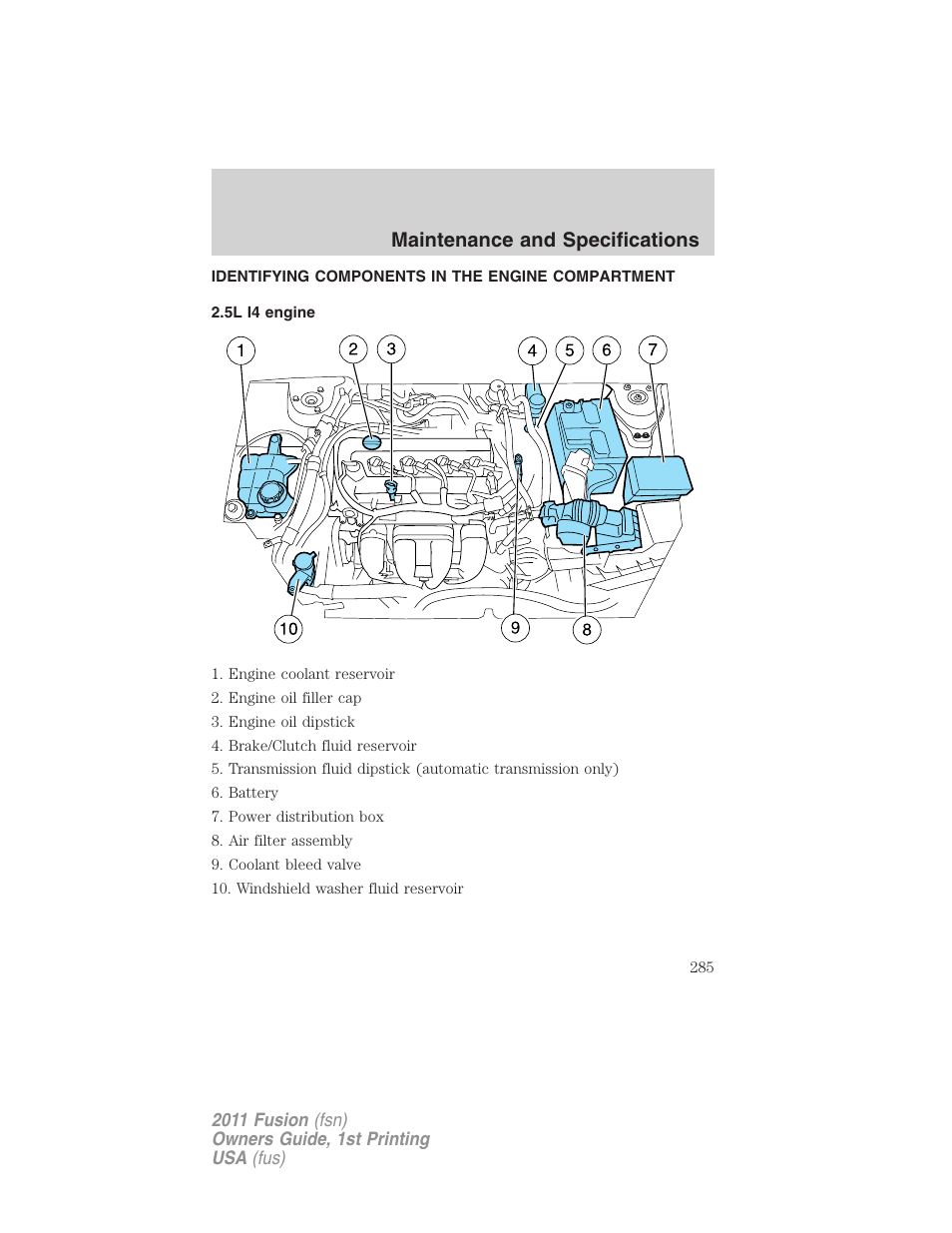 Identifying components in the engine compartment, 5l i4 engine, Engine compartment | Maintenance and specifications | FORD 2011 Fusion v.1 User Manual | Page 285 / 369