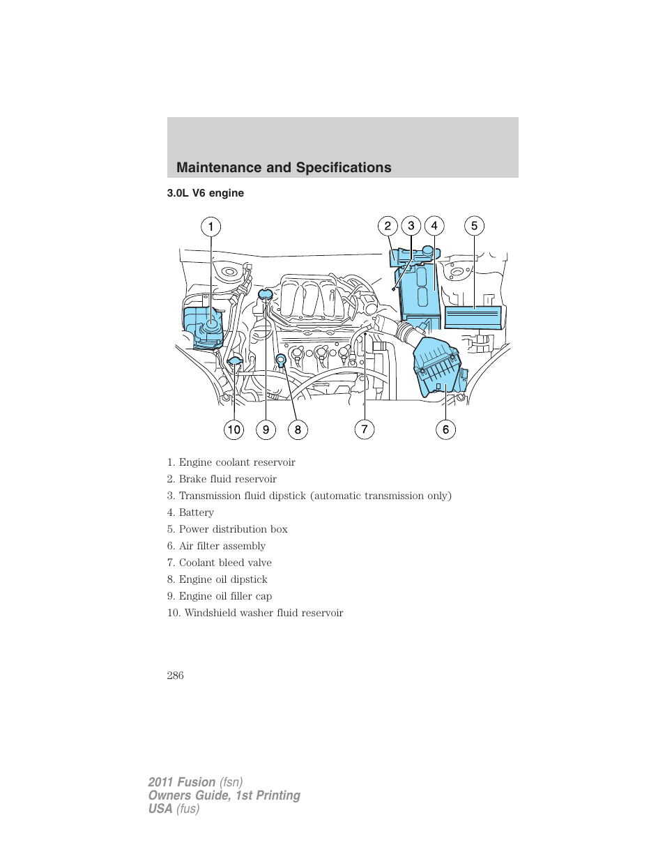 0l v6 engine, Maintenance and specifications | FORD 2011 Fusion v.1 User Manual | Page 286 / 369