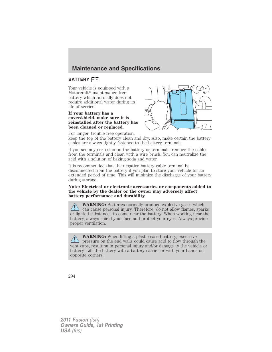 Battery, Maintenance and specifications | FORD 2011 Fusion v.1 User Manual | Page 294 / 369