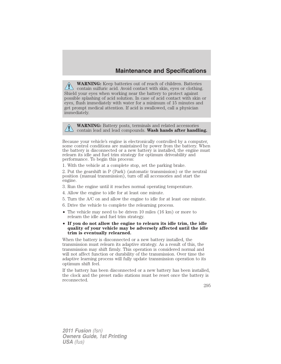 Maintenance and specifications | FORD 2011 Fusion v.1 User Manual | Page 295 / 369