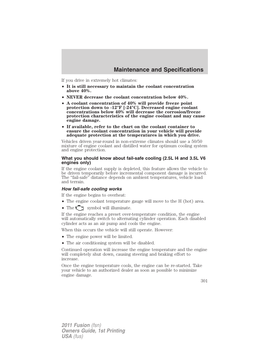How fail-safe cooling works, Maintenance and specifications | FORD 2011 Fusion v.1 User Manual | Page 301 / 369