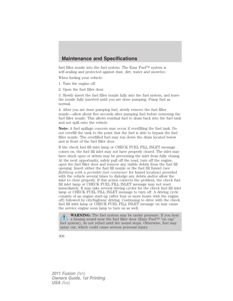 Maintenance and specifications | FORD 2011 Fusion v.1 User Manual | Page 306 / 369