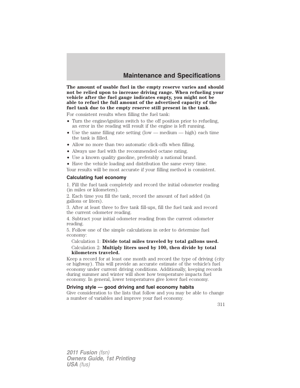 Calculating fuel economy, Maintenance and specifications | FORD 2011 Fusion v.1 User Manual | Page 311 / 369