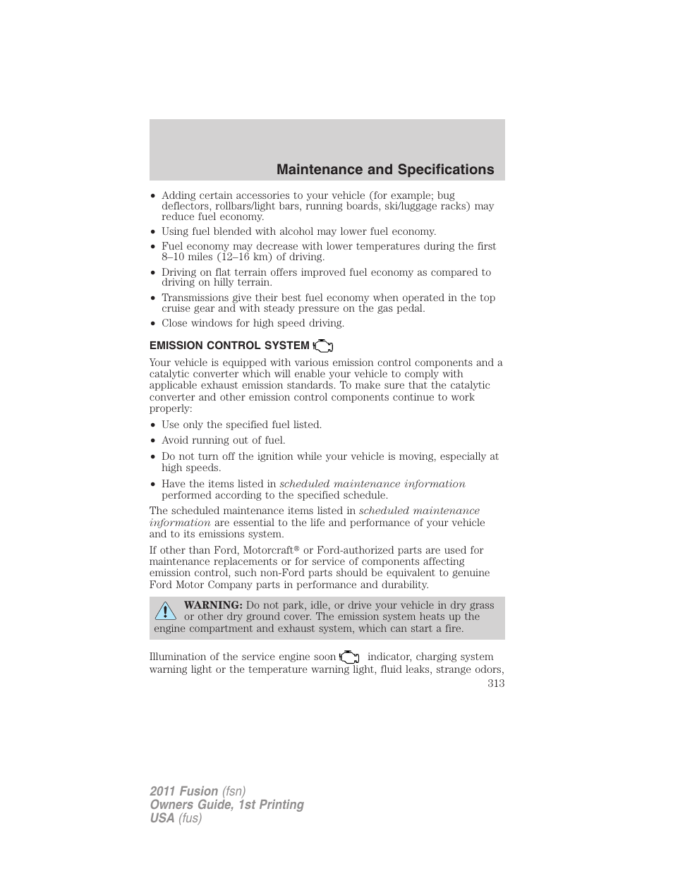 Emission control system, Maintenance and specifications | FORD 2011 Fusion v.1 User Manual | Page 313 / 369