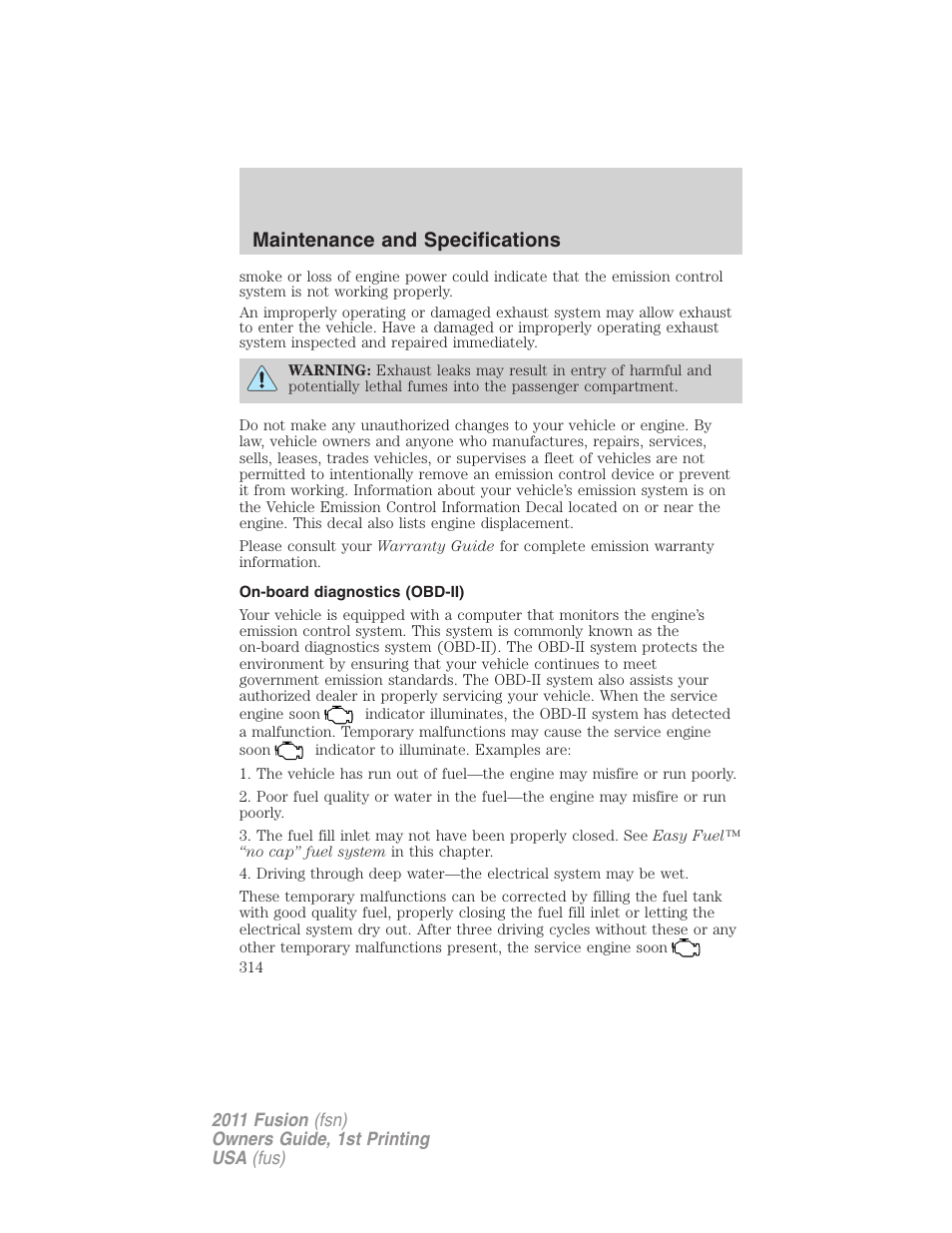 On-board diagnostics (obd-ii), Maintenance and specifications | FORD 2011 Fusion v.1 User Manual | Page 314 / 369