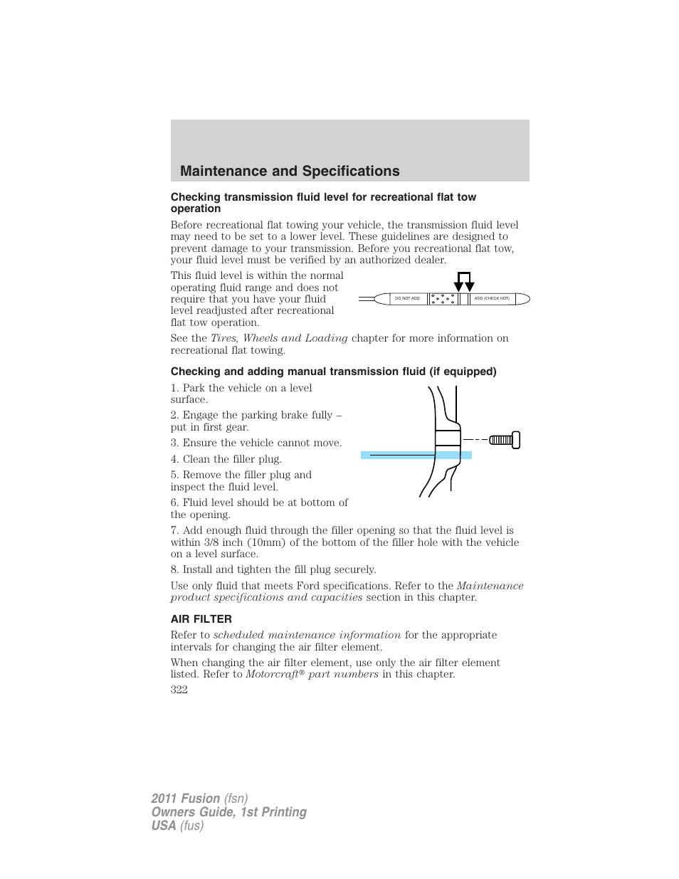 Air filter, Air filter(s), Maintenance and specifications | FORD 2011 Fusion v.1 User Manual | Page 322 / 369