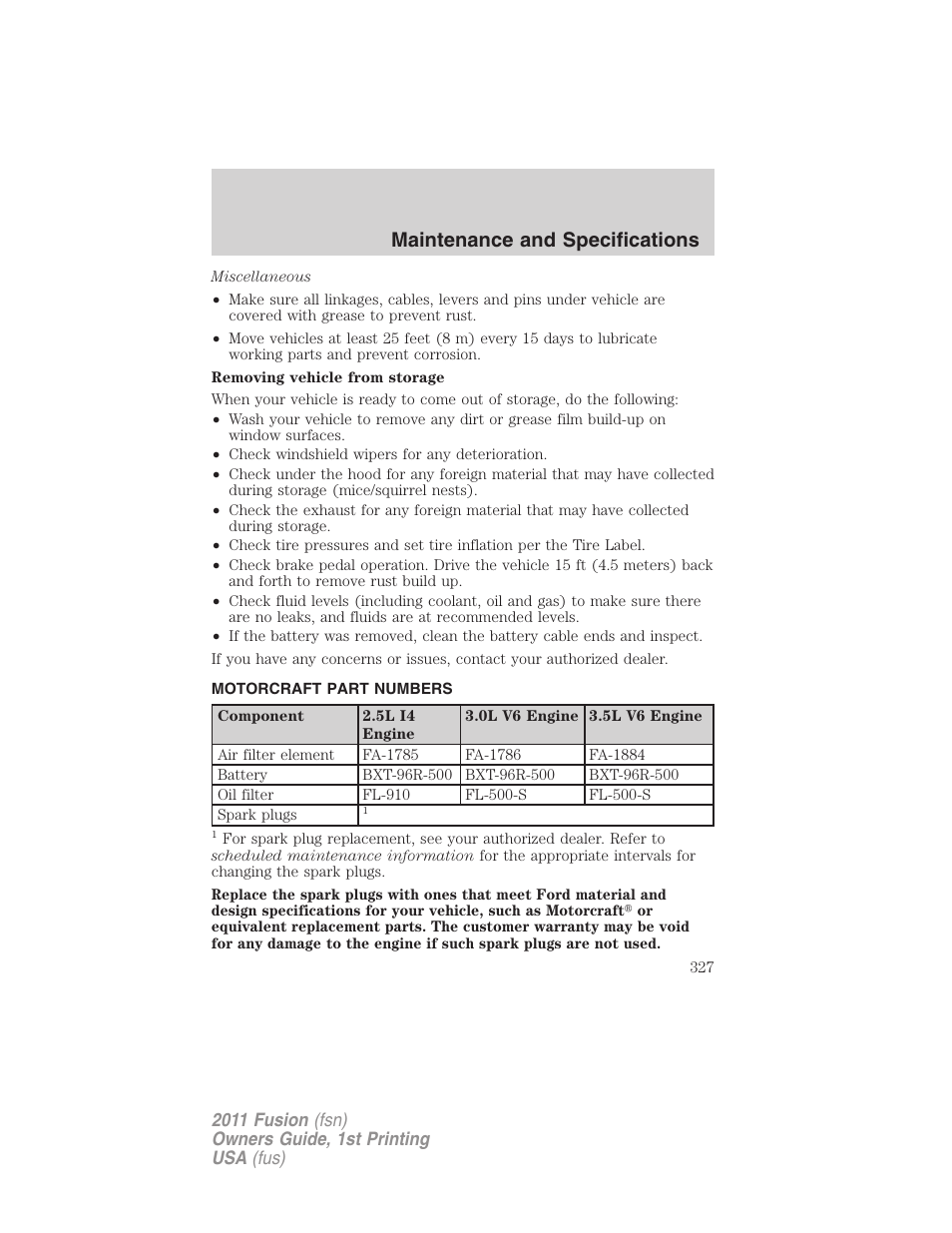 Motorcraft part numbers, Part numbers, Maintenance and specifications | FORD 2011 Fusion v.1 User Manual | Page 327 / 369
