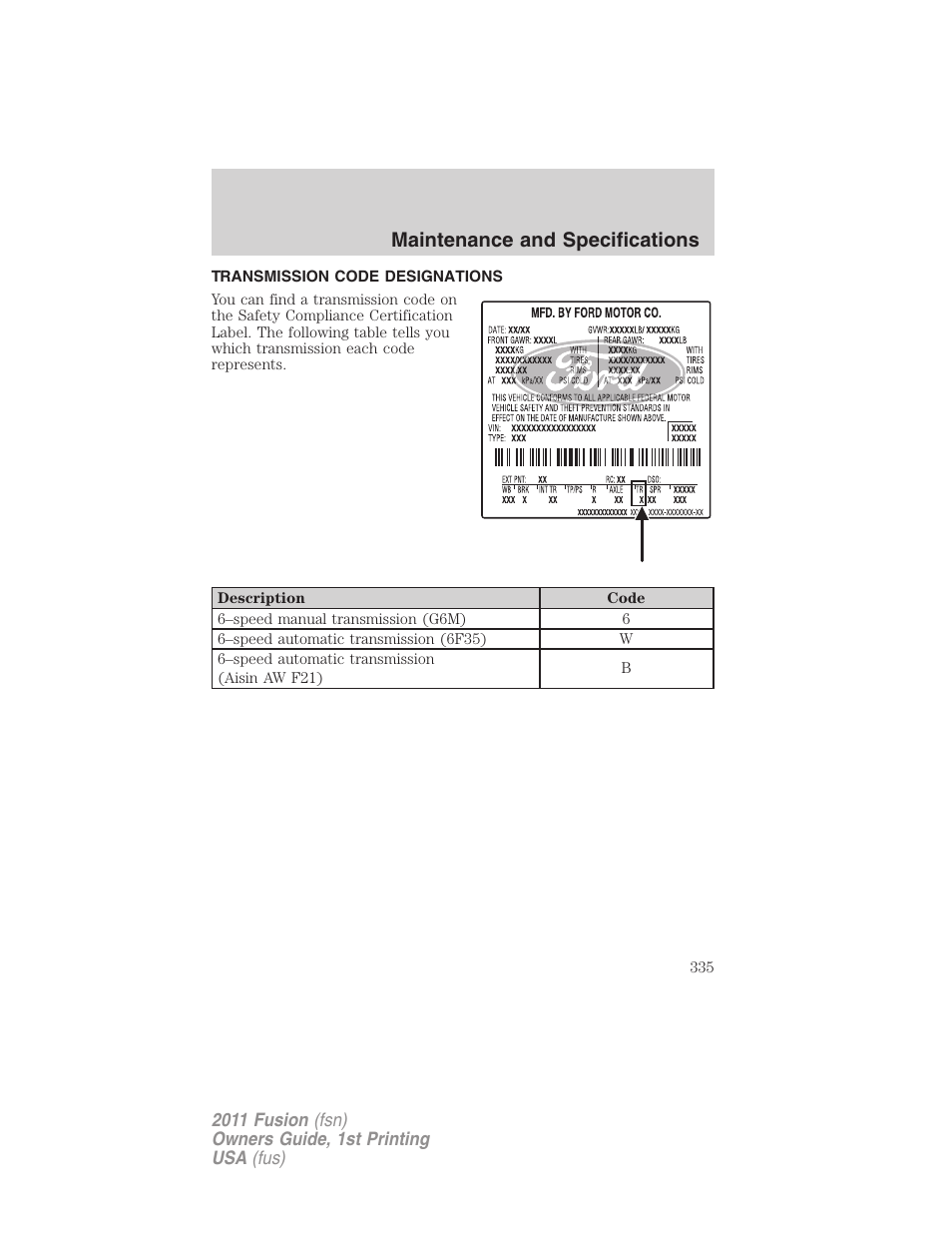 Transmission code designations, Maintenance and specifications | FORD 2011 Fusion v.1 User Manual | Page 335 / 369