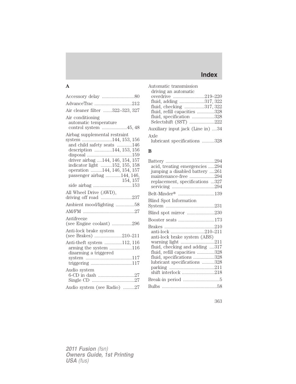 Index | FORD 2011 Fusion v.1 User Manual | Page 363 / 369