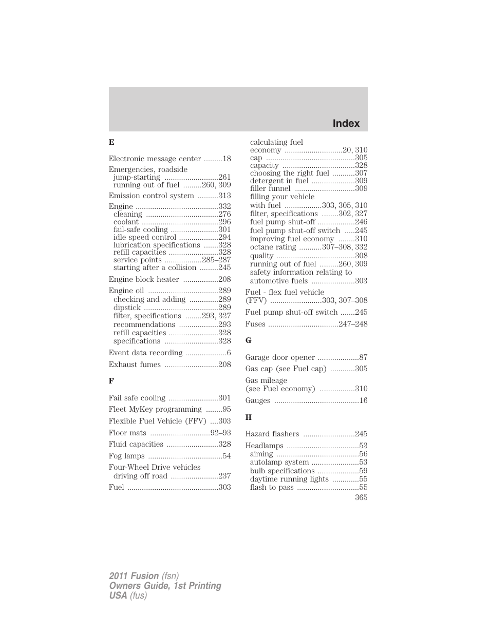 Index | FORD 2011 Fusion v.1 User Manual | Page 365 / 369