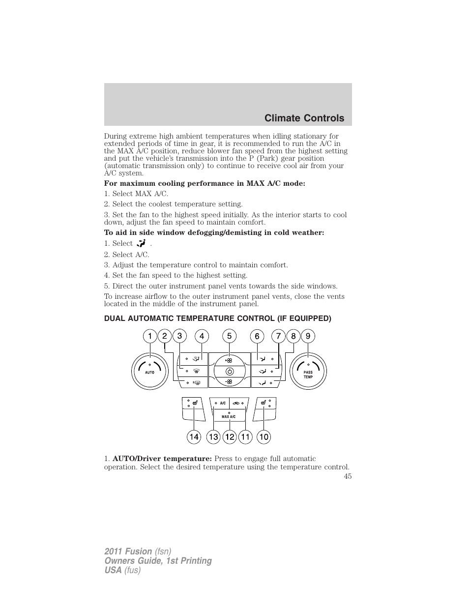 Dual automatic temperature control (if equipped), Dual automatic temperature control, Climate controls | FORD 2011 Fusion v.1 User Manual | Page 45 / 369