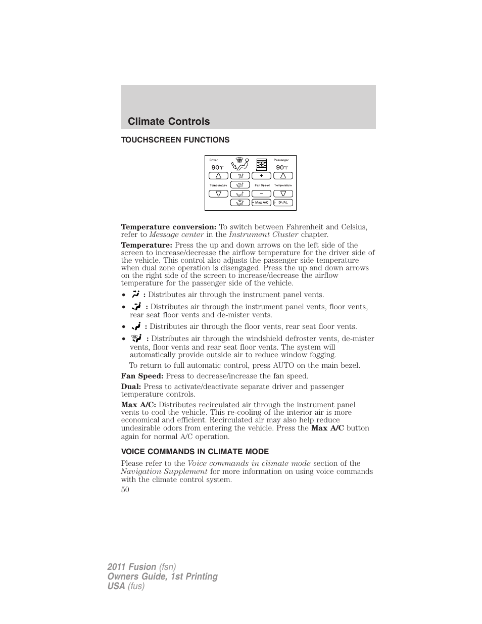 Touchscreen functions, Voice commands in climate mode, Climate controls | FORD 2011 Fusion v.1 User Manual | Page 50 / 369
