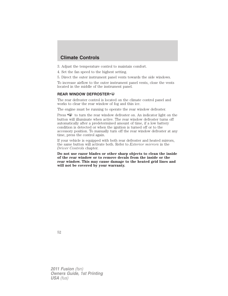 Rear window defroster, Climate controls | FORD 2011 Fusion v.1 User Manual | Page 52 / 369