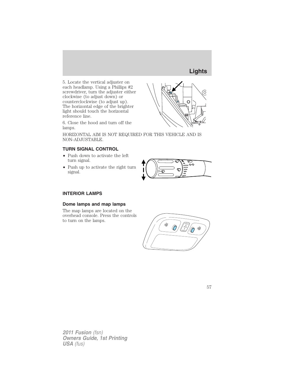 Turn signal control, Interior lamps, Dome lamps and map lamps | Lights | FORD 2011 Fusion v.1 User Manual | Page 57 / 369