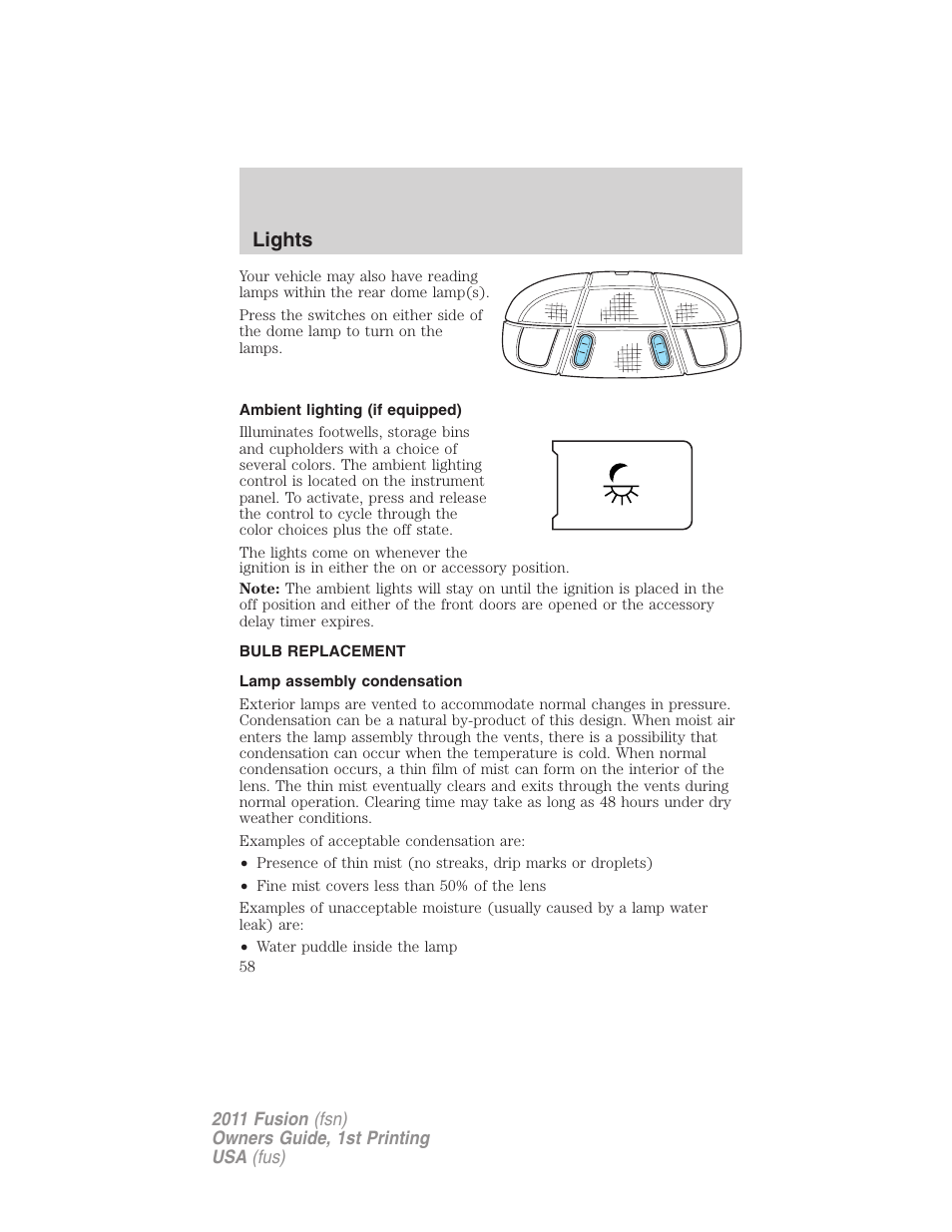 Ambient lighting (if equipped), Bulb replacement, Lamp assembly condensation | Lights | FORD 2011 Fusion v.1 User Manual | Page 58 / 369