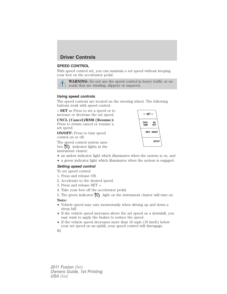 Speed control, Using speed controls, Setting speed control | Driver controls | FORD 2011 Fusion v.1 User Manual | Page 82 / 369