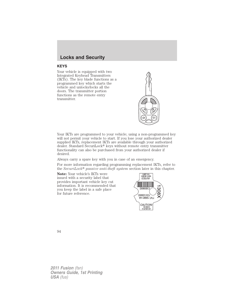 Locks and security, Keys | FORD 2011 Fusion v.1 User Manual | Page 94 / 369