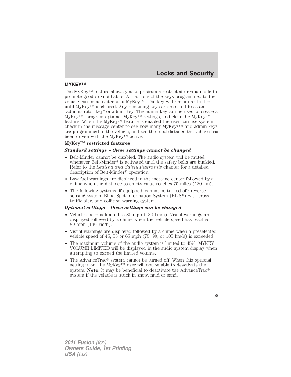 Mykey, Locks and security | FORD 2011 Fusion v.1 User Manual | Page 95 / 369