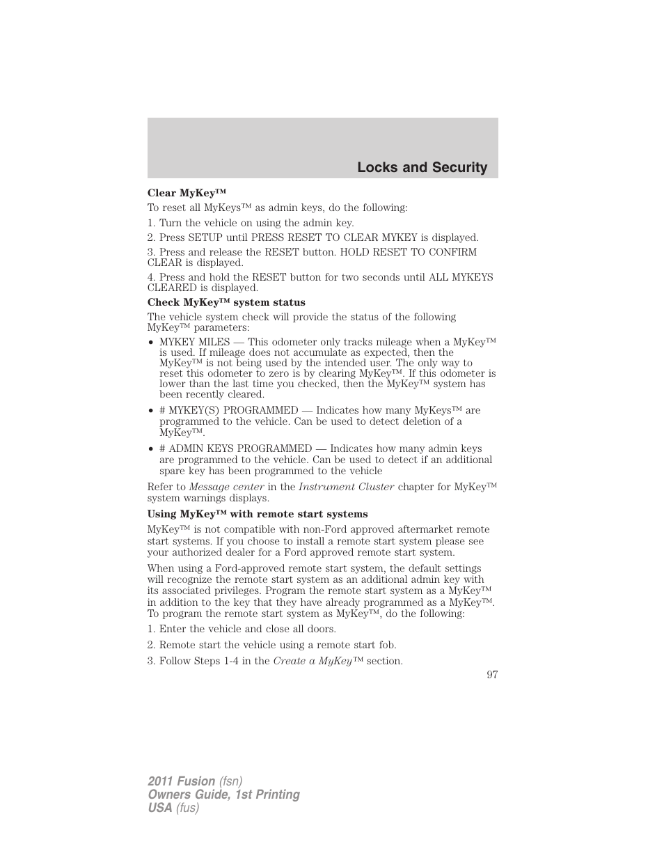 Locks and security | FORD 2011 Fusion v.1 User Manual | Page 97 / 369