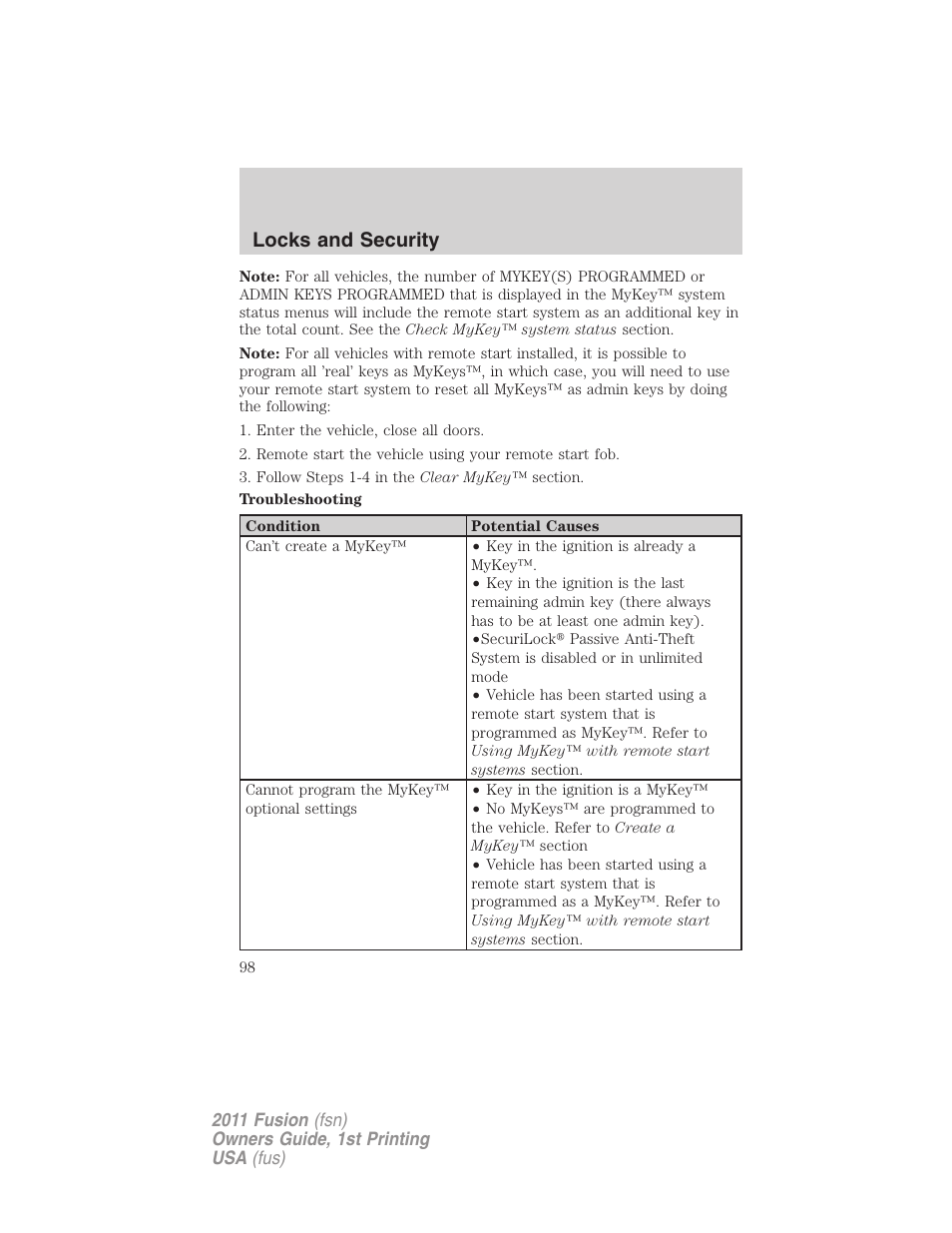 Locks and security | FORD 2011 Fusion v.1 User Manual | Page 98 / 369