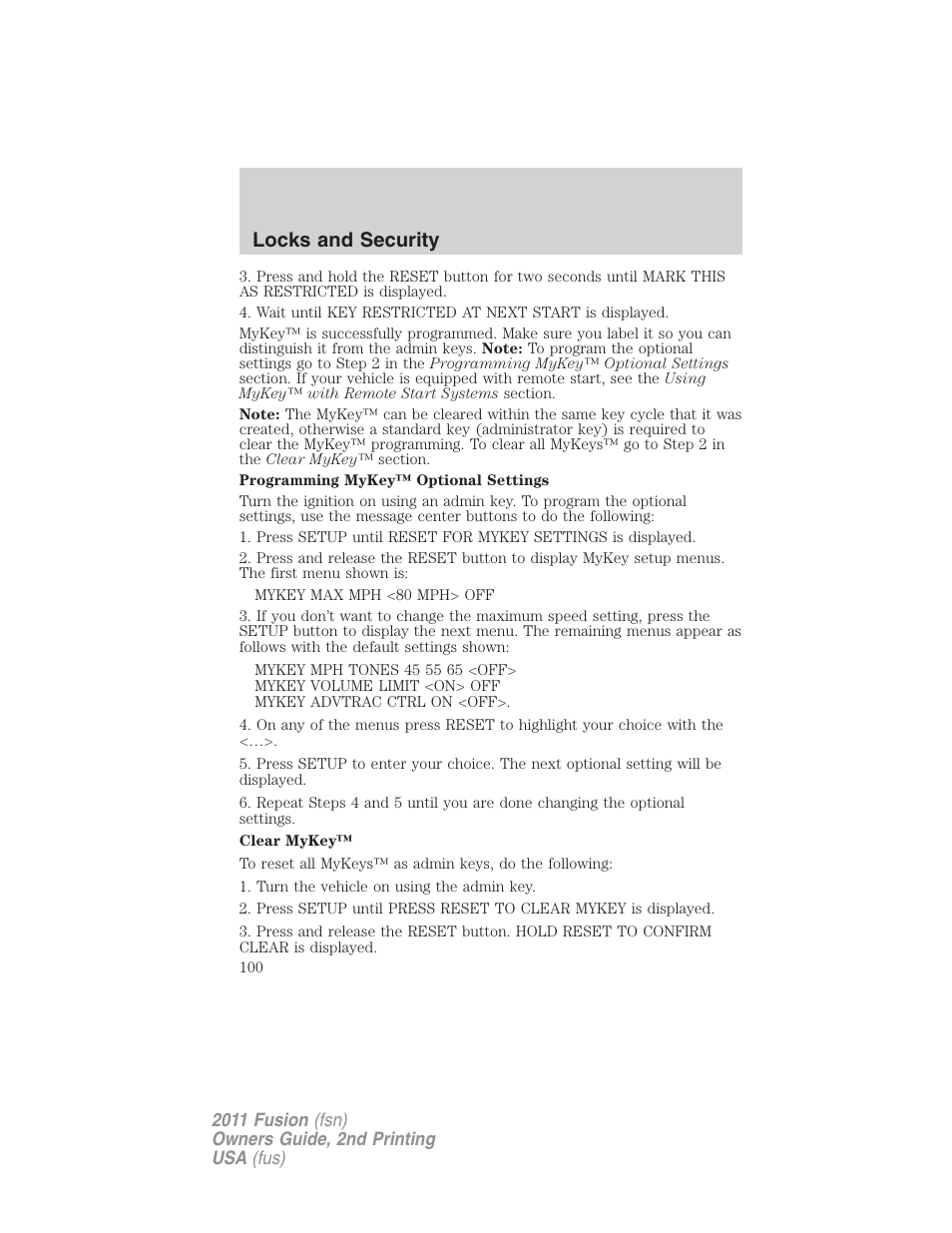 Locks and security | FORD 2011 Fusion v.2 User Manual | Page 100 / 371