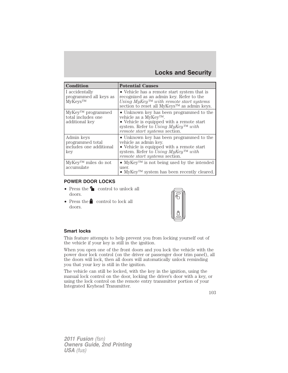 Power door locks, Smart locks, Locks | Locks and security | FORD 2011 Fusion v.2 User Manual | Page 103 / 371