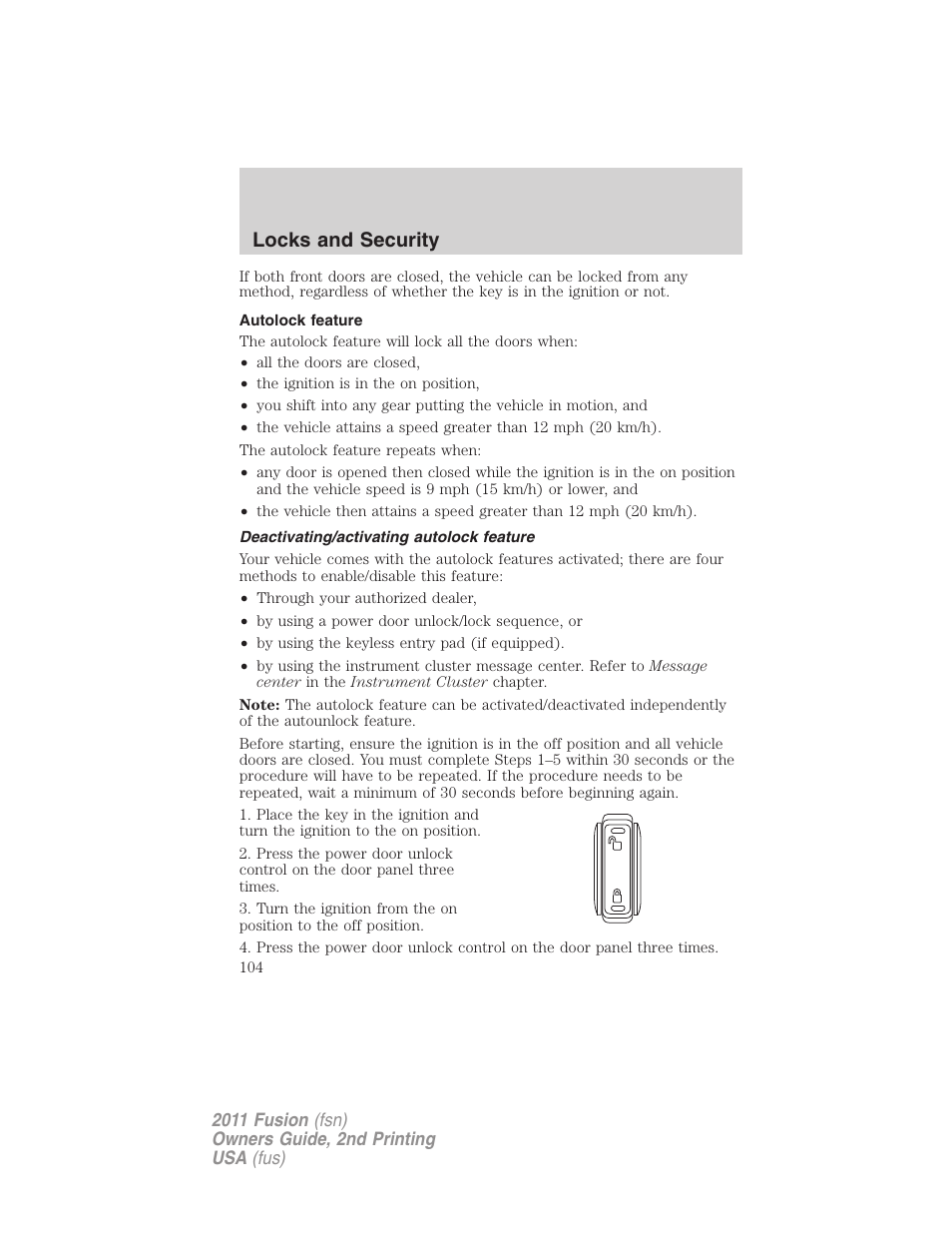 Autolock feature, Deactivating/activating autolock feature, Locks and security | FORD 2011 Fusion v.2 User Manual | Page 104 / 371