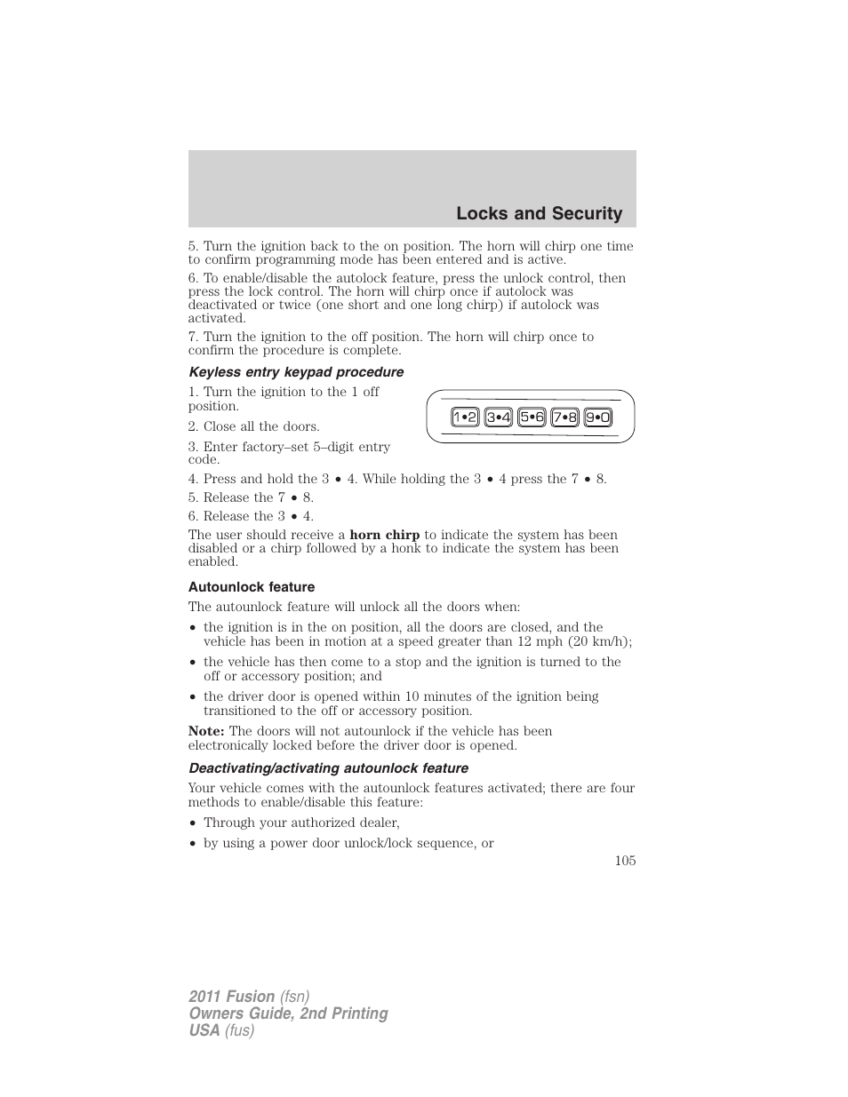Keyless entry keypad procedure, Autounlock feature, Deactivating/activating autounlock feature | Locks and security | FORD 2011 Fusion v.2 User Manual | Page 105 / 371