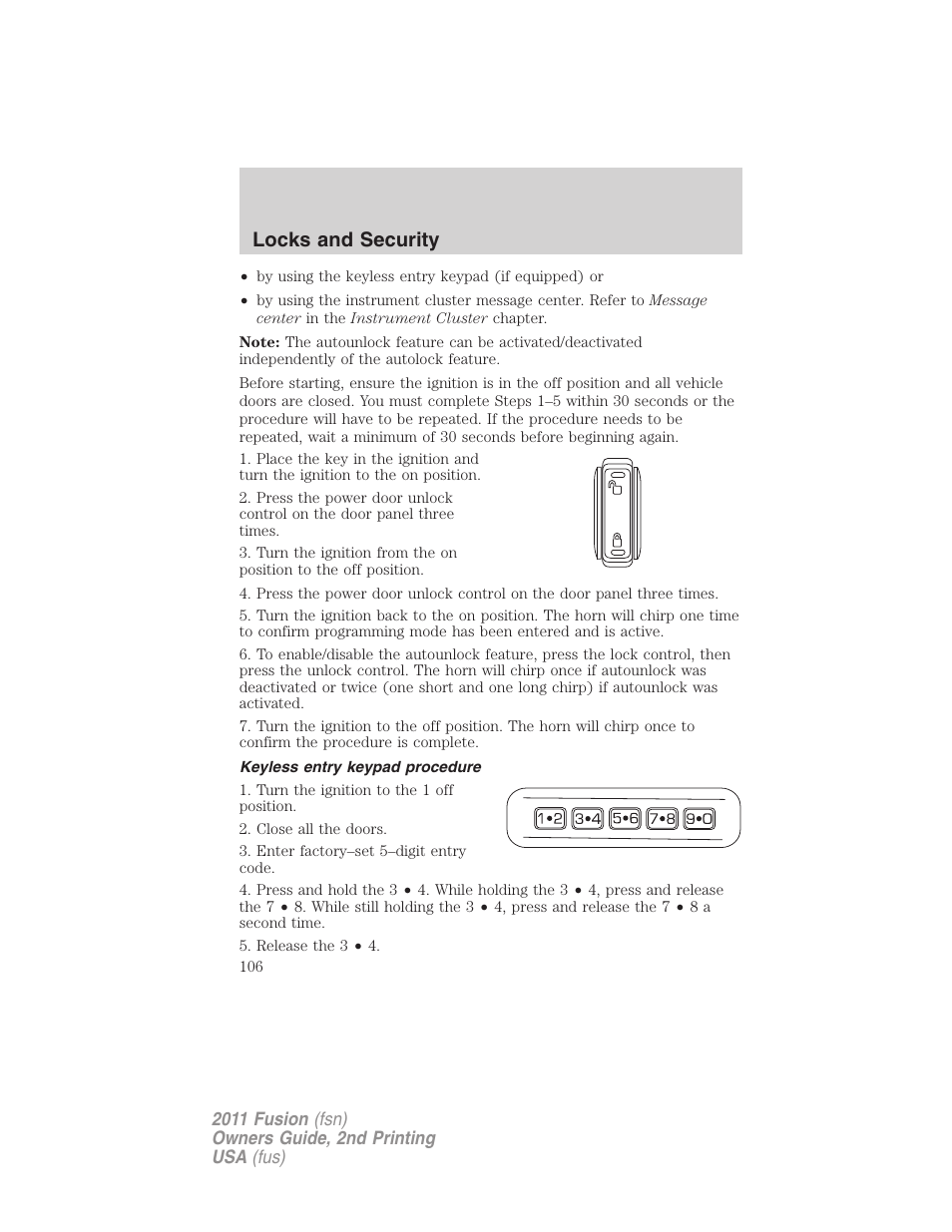 Keyless entry keypad procedure, Locks and security | FORD 2011 Fusion v.2 User Manual | Page 106 / 371