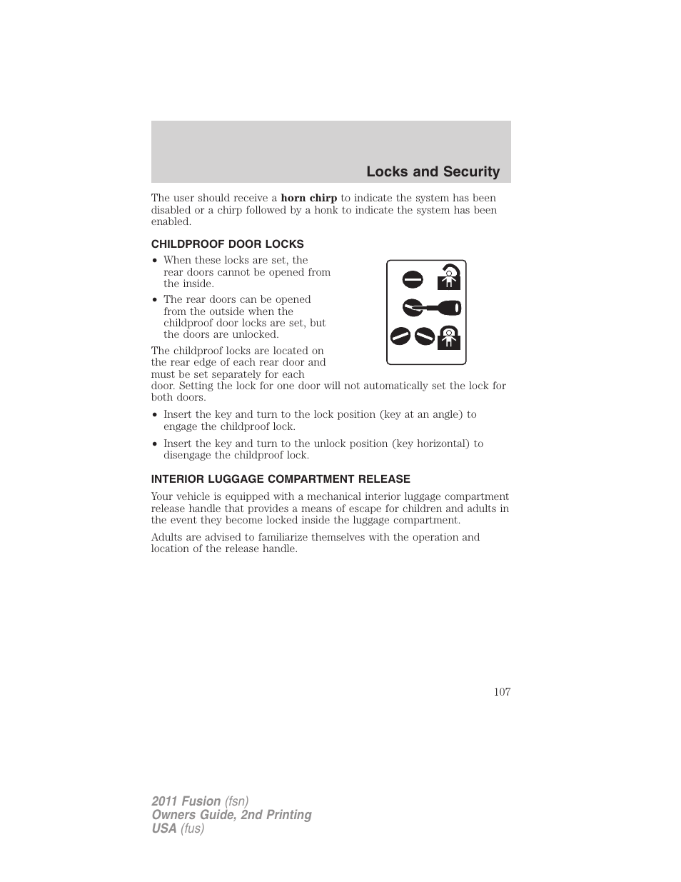 Childproof door locks, Interior luggage compartment release, Locks and security | FORD 2011 Fusion v.2 User Manual | Page 107 / 371