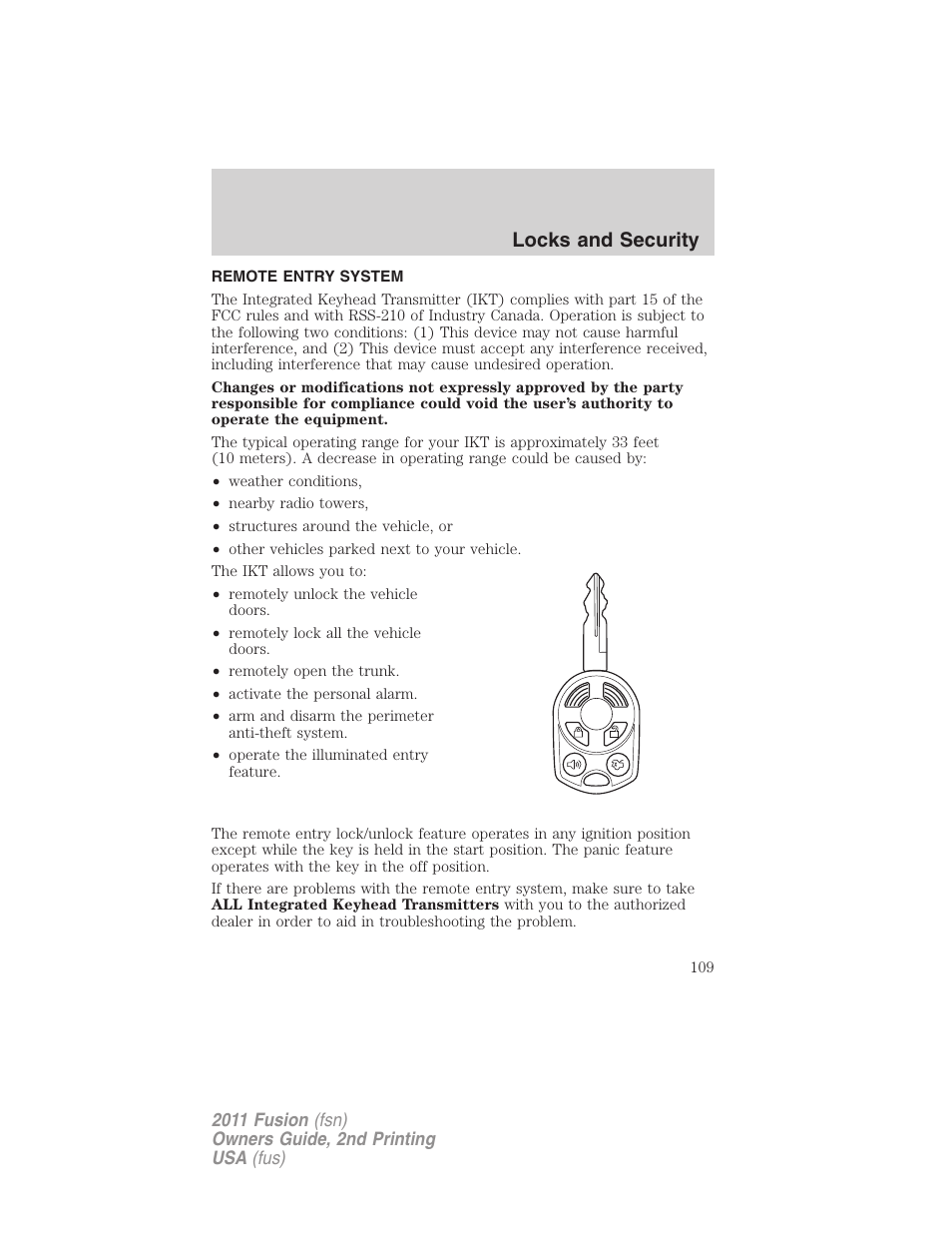 Remote entry system, Locks and security | FORD 2011 Fusion v.2 User Manual | Page 109 / 371