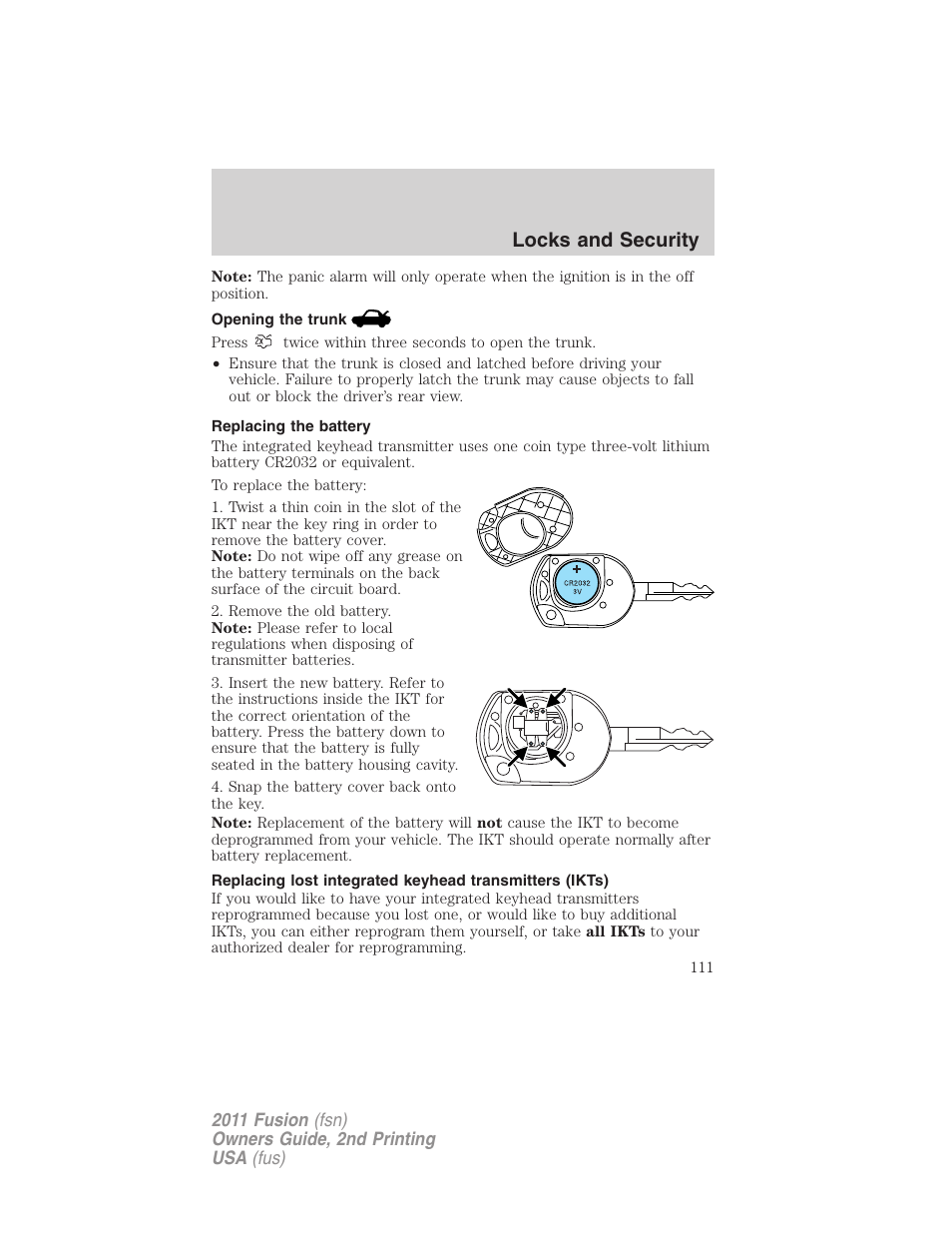 Opening the trunk, Replacing the battery, Locks and security | FORD 2011 Fusion v.2 User Manual | Page 111 / 371