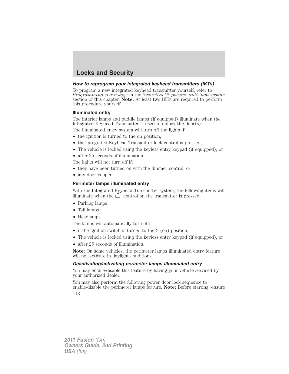 Illuminated entry, Perimeter lamps illuminated entry, Locks and security | FORD 2011 Fusion v.2 User Manual | Page 112 / 371