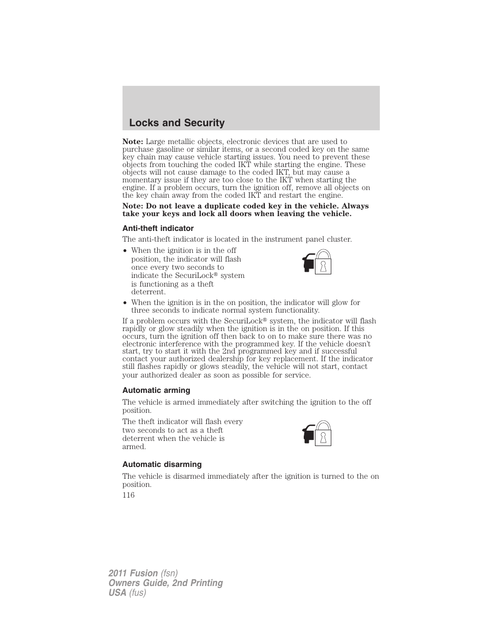 Anti-theft indicator, Automatic arming, Automatic disarming | Locks and security | FORD 2011 Fusion v.2 User Manual | Page 116 / 371