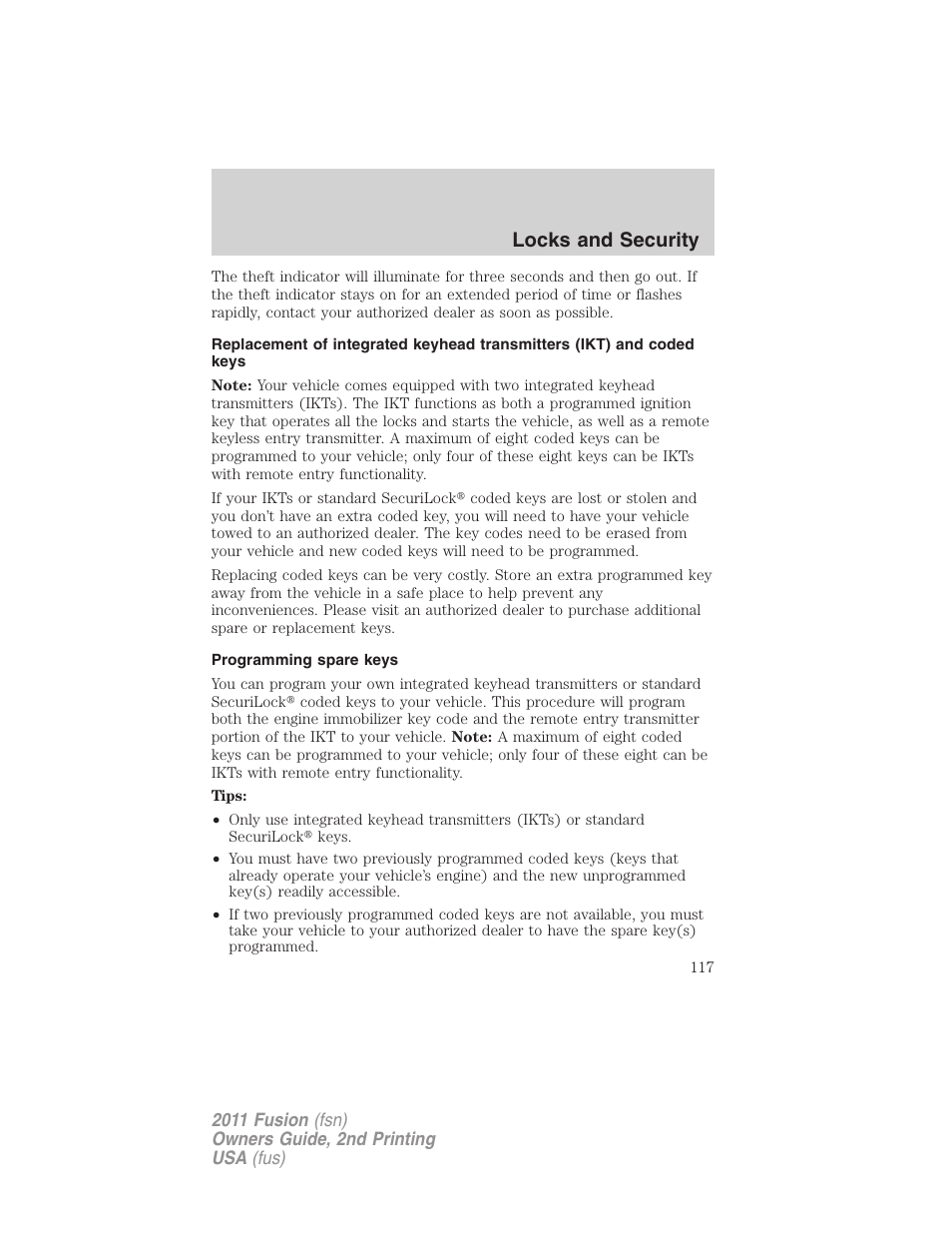 Programming spare keys, Locks and security | FORD 2011 Fusion v.2 User Manual | Page 117 / 371