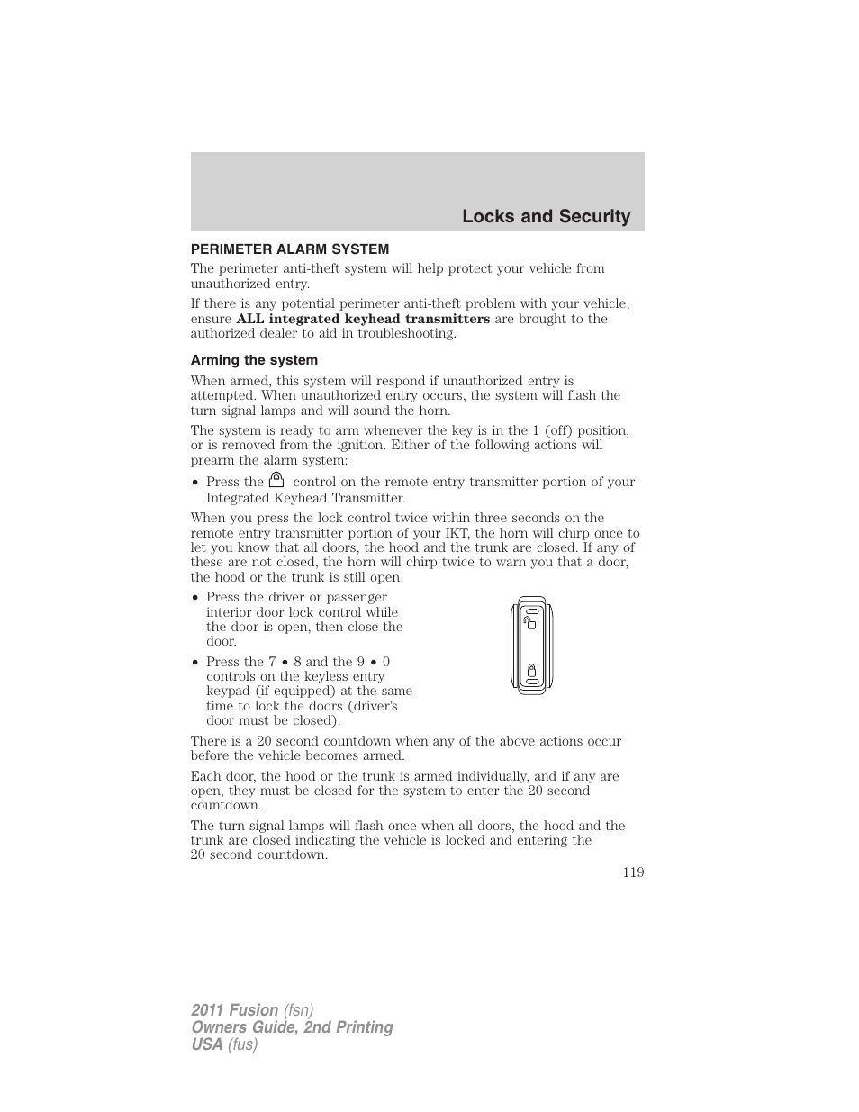 Perimeter alarm system, Arming the system, Locks and security | FORD 2011 Fusion v.2 User Manual | Page 119 / 371