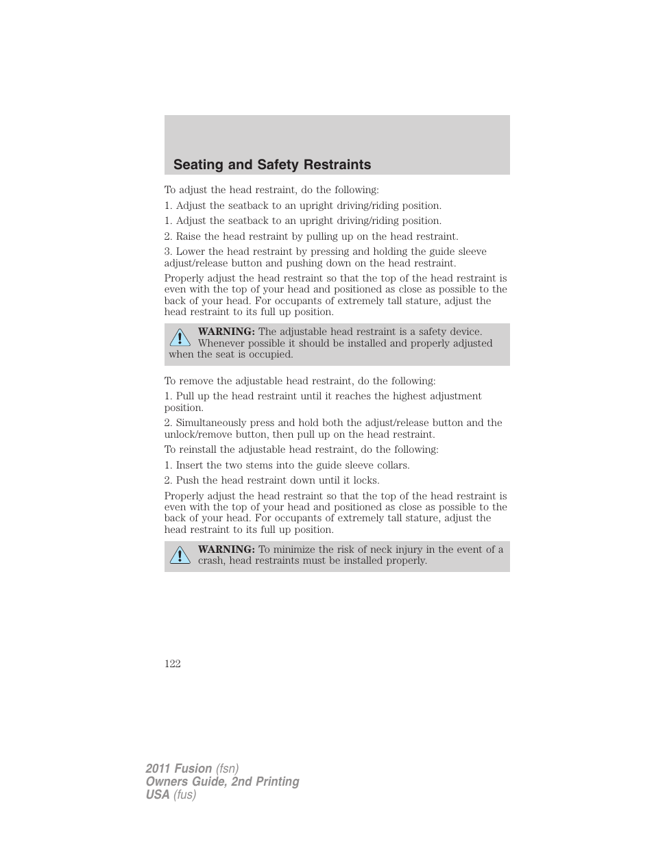 Seating and safety restraints | FORD 2011 Fusion v.2 User Manual | Page 122 / 371