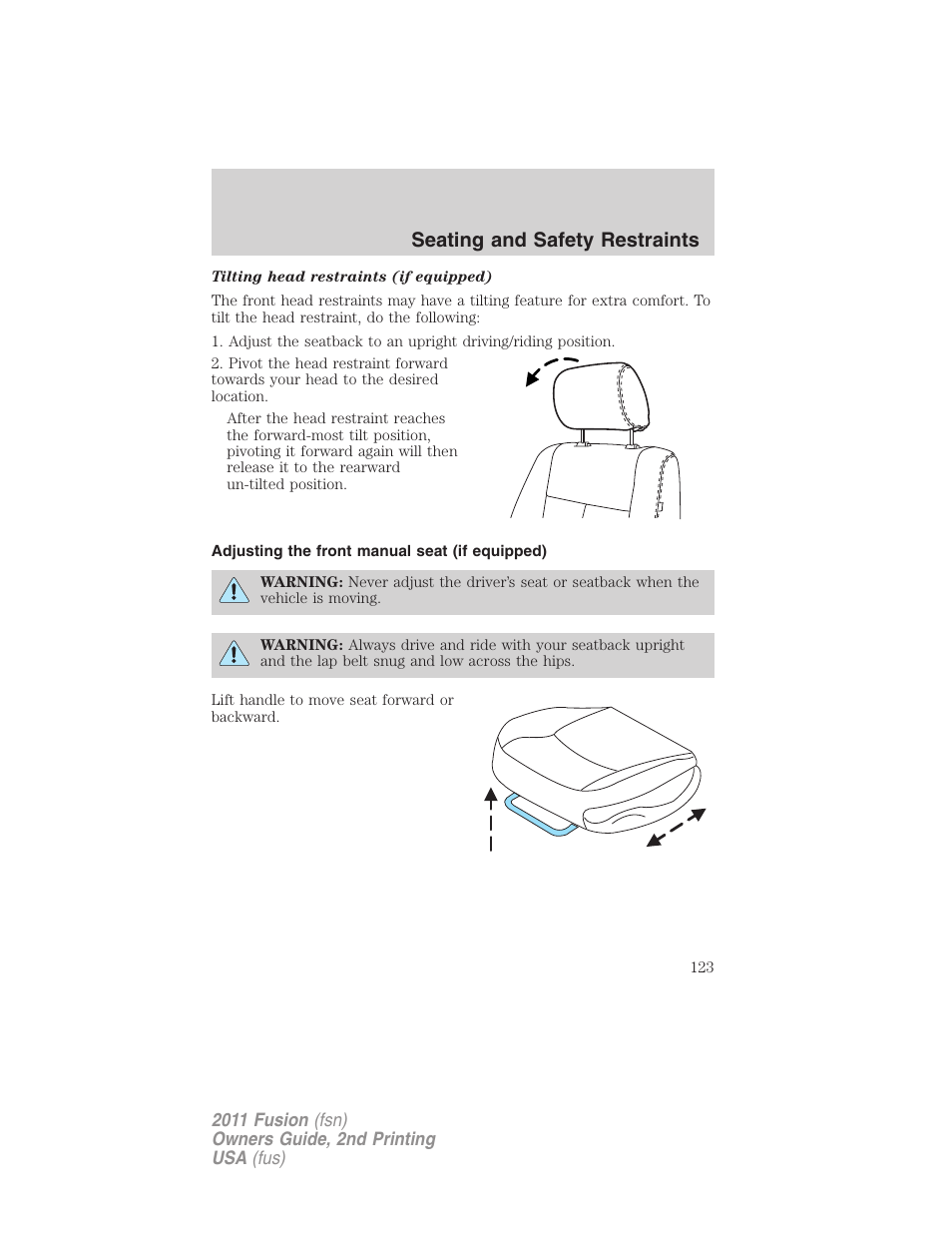 Adjusting the front manual seat (if equipped), Seating and safety restraints | FORD 2011 Fusion v.2 User Manual | Page 123 / 371